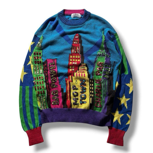 Yoshiyuki Konishi 1990s New York Skyline Intarsia Knit with Sequins and Viva Ficce Back, Multicolour, view 1