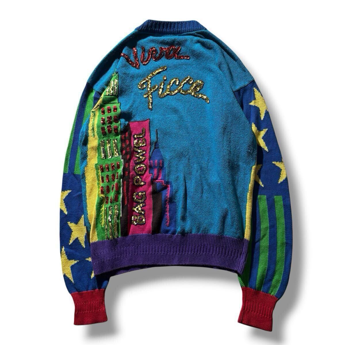 Yoshiyuki Konishi 1990s New York Skyline Intarsia Knit with Sequins and Viva Ficce Back, Multicolour, view 2
