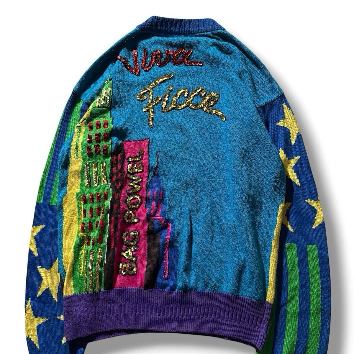 Yoshiyuki Konishi 1990s New York Skyline Intarsia Knit with Sequins and Viva Ficce Back, Multicolour, view 3