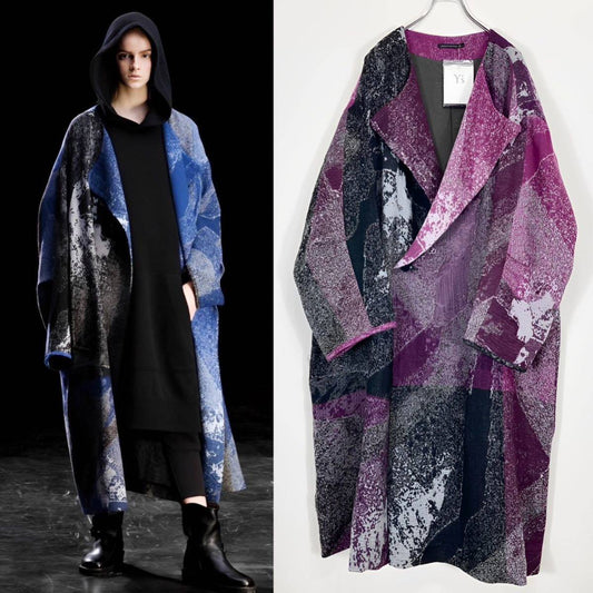 Y's AW2019 Jacquard Oversized Coat, Patchwork Pattern in Purple, Grey and Black, Wool, Size 1, Unworn with Tags, view 1