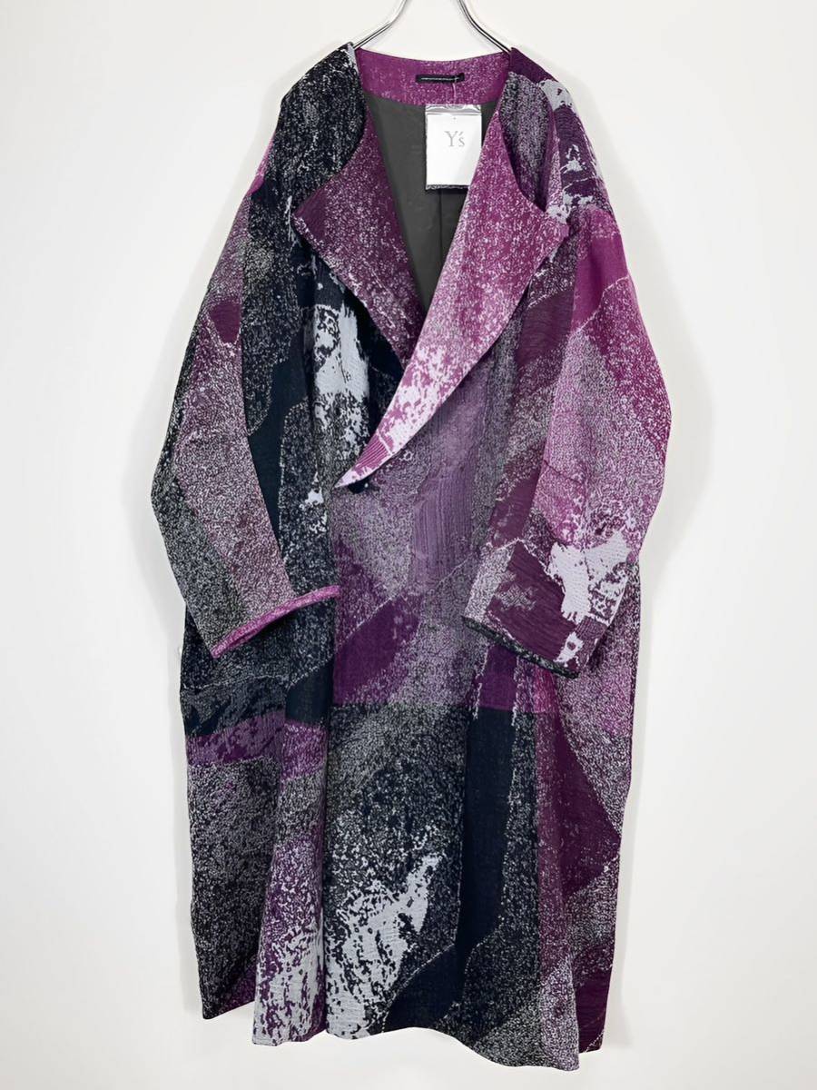 Y's AW2019 Jacquard Oversized Coat, Patchwork Pattern in Purple, Grey and Black, Wool, Size 1, Unworn with Tags, view 2