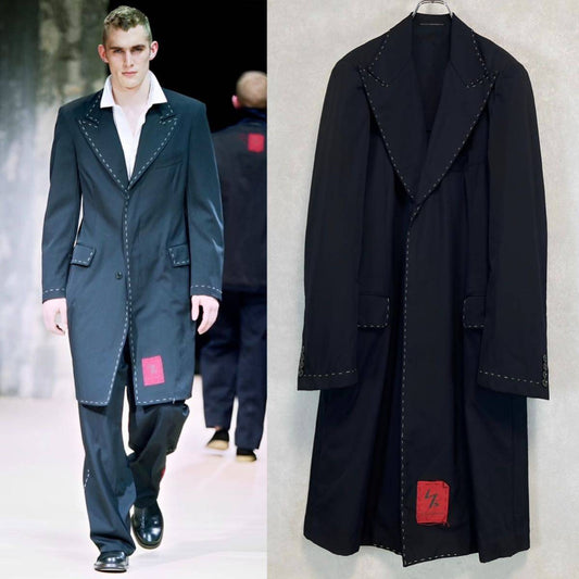 Y's for men AW2003 Gabardine Long Jacket, Hand-Stitched Peak Lapels and Red Patch, Black Wool, Size 4, view 1