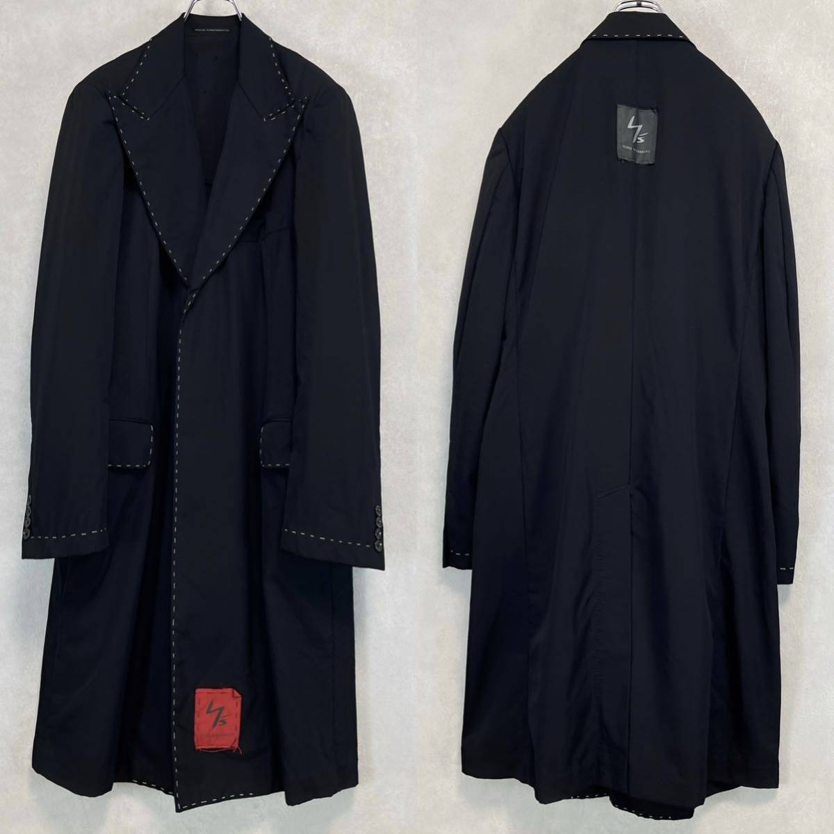 Y's for men AW2003 Gabardine Long Jacket, Hand-Stitched Peak Lapels and Red Patch, Black Wool, Size 4, view 2