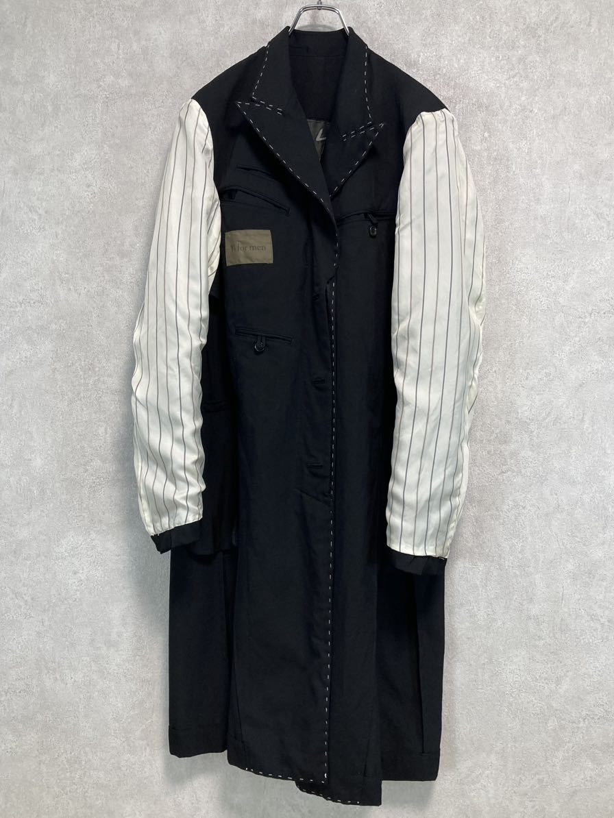 Y's for men AW2003 Gabardine Long Jacket, Hand-Stitched Peak Lapels and Red Patch, Black Wool, Size 4, view 3