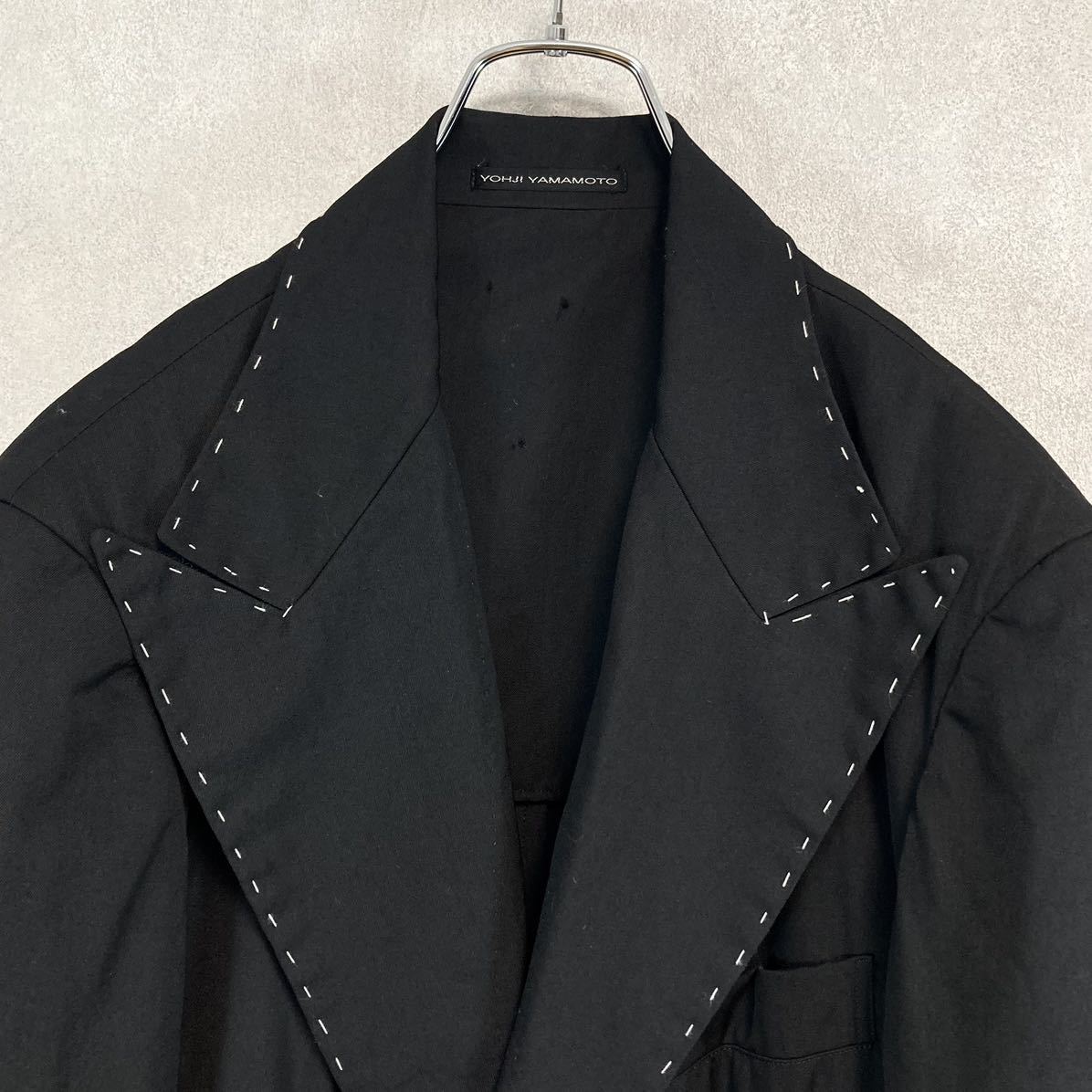 Y's for men AW2003 Gabardine Long Jacket, Hand-Stitched Peak Lapels and Red Patch, Black Wool, Size 4, view 4