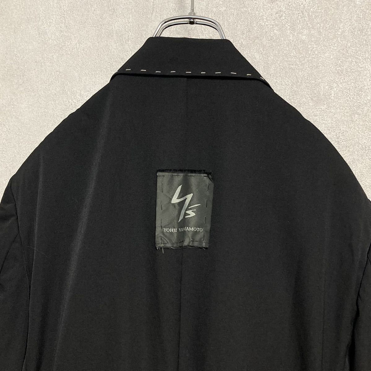 Y's for men AW2003 Gabardine Long Jacket, Hand-Stitched Peak Lapels and Red Patch, Black Wool, Size 4, view 5