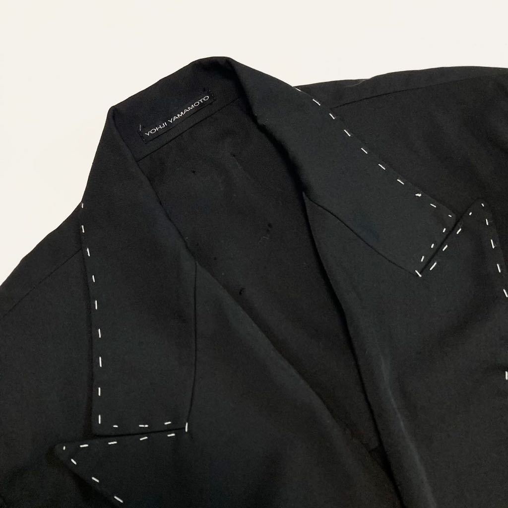 Y's for men AW2003 Gabardine Long Jacket, Hand-Stitched Peak Lapels and Red Patch, Black Wool, Size 4, view 7