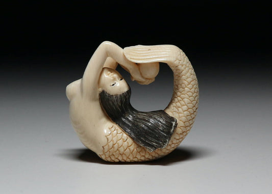 Japanese Shunga Mermaid Figure Mammoth Ivory Ningyo Netsuke Scale Hidden Art