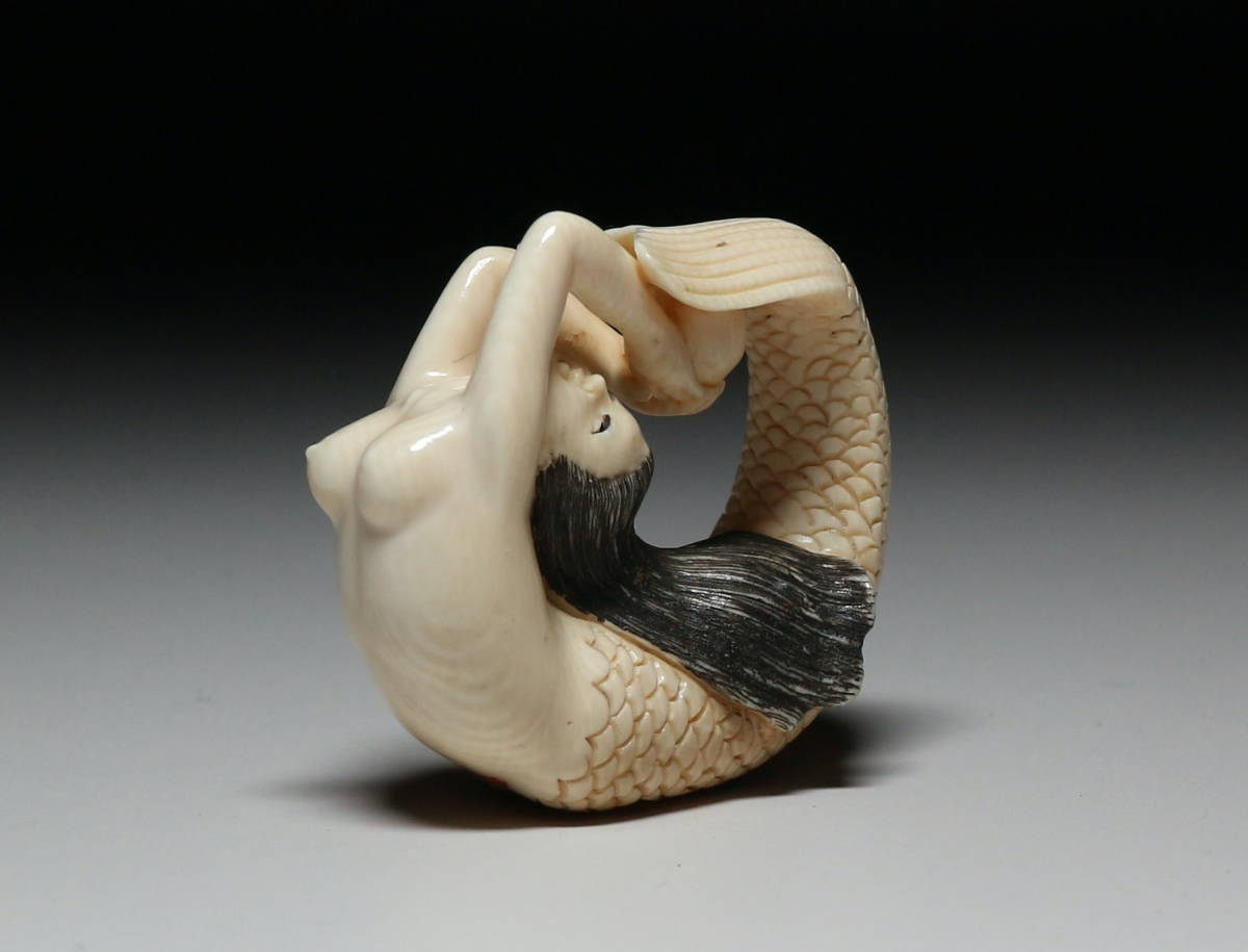 Japanese Shunga Mermaid Figure Mammoth Ivory Ningyo Netsuke Scale Hidden Art