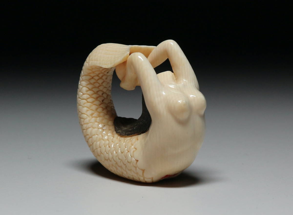 Japanese Shunga Mermaid Figure Mammoth Ivory Ningyo Netsuke Scale Hidden Art