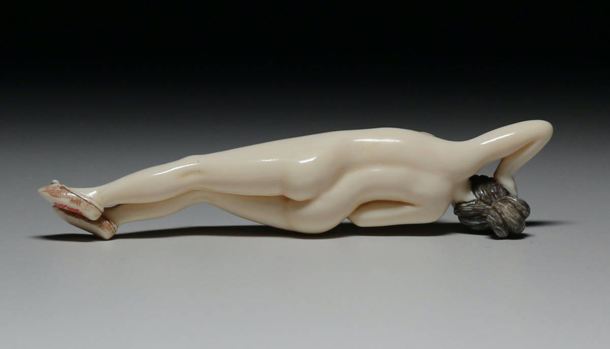 Japanese Erotic Netsuke Reclining Nude — Mammoth Ivory Female Figure, Shunga Inspired, Showa Period