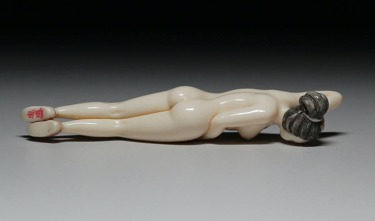 Japanese Erotic Netsuke Reclining Nude — Mammoth Ivory Female Figure, Shunga Inspired, Showa Period