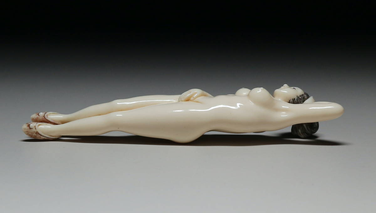 Japanese Erotic Netsuke Reclining Nude — Mammoth Ivory Female Figure, Shunga Inspired, Showa Period