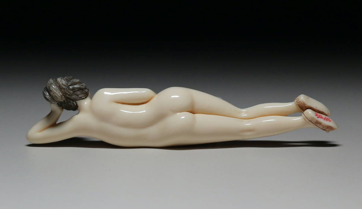 Japanese Erotic Netsuke Reclining Nude — Mammoth Ivory Female Figure, Shunga Inspired, Showa Period