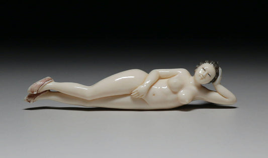 Japanese Erotic Netsuke Reclining Nude — Mammoth Ivory Female Figure, Shunga Inspired, Showa Period