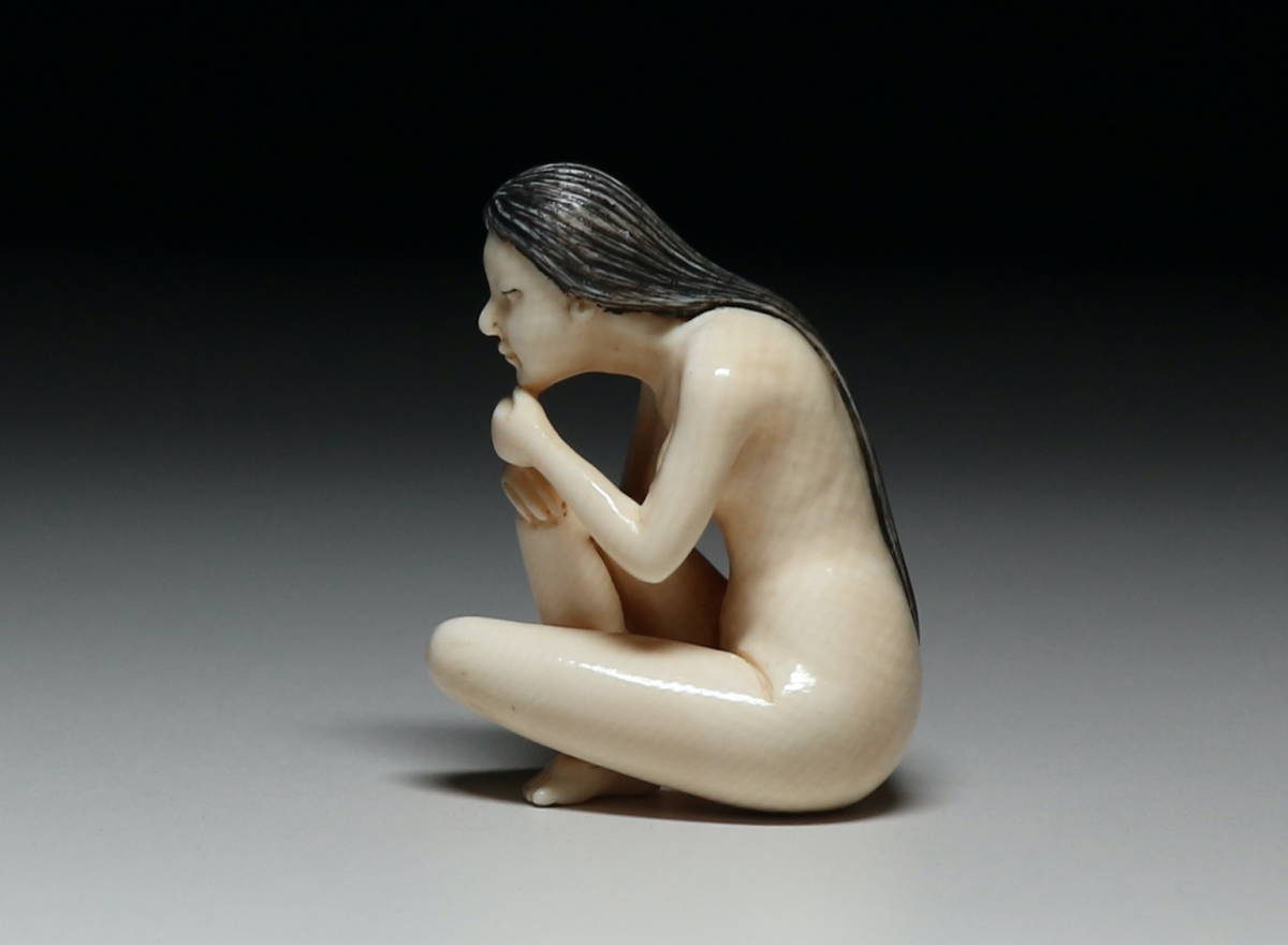 Japanese Erotic Ivory Netsuke Figure — Concealed Shunga Female Sculpture, Mammoth Tusk, Showa Period