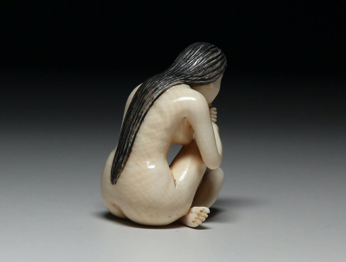 Japanese Erotic Ivory Netsuke Figure — Concealed Shunga Female Sculpture, Mammoth Tusk, Showa Period