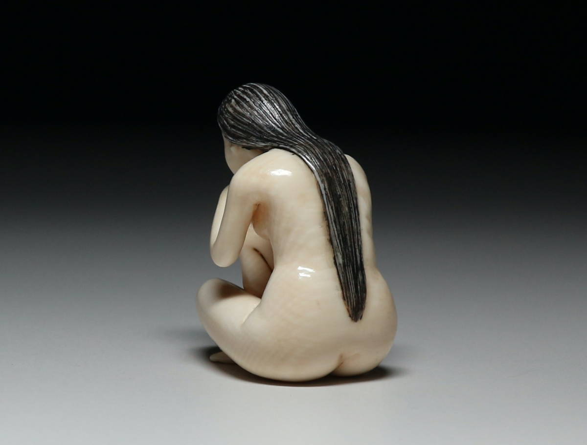 Japanese Erotic Ivory Netsuke Figure — Concealed Shunga Female Sculpture, Mammoth Tusk, Showa Period