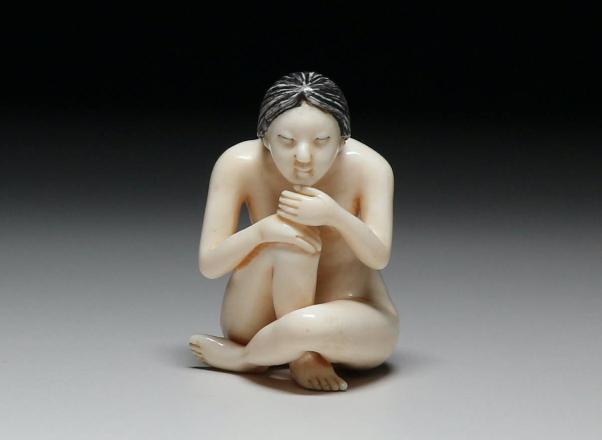 Japanese Erotic Ivory Netsuke Figure — Concealed Shunga Female Sculpture, Mammoth Tusk, Showa Period