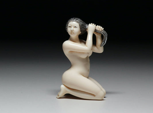 Mammoth Ivory Shunga Bathing Figure (Yuagari Shōjo) — Japanese Hidden Arts Erotic Sculpture