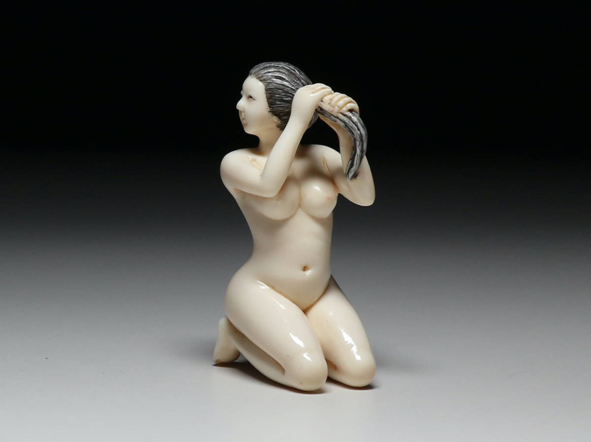 Mammoth Ivory Shunga Bathing Figure (Yuagari Shōjo) — Japanese Hidden Arts Erotic Sculpture