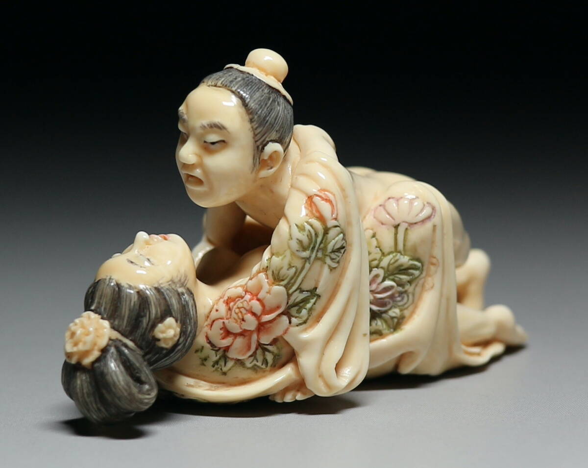 Mammoth Ivory Shunga Sculpture Japanese Erotic Micro Carving Intimate Embrace Netsuke Style