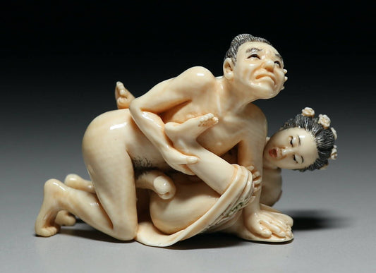 Mammoth Ivory Shunga Erotic Sculpture — Explicit Couple Scene, Japanese Micro-Carving Art