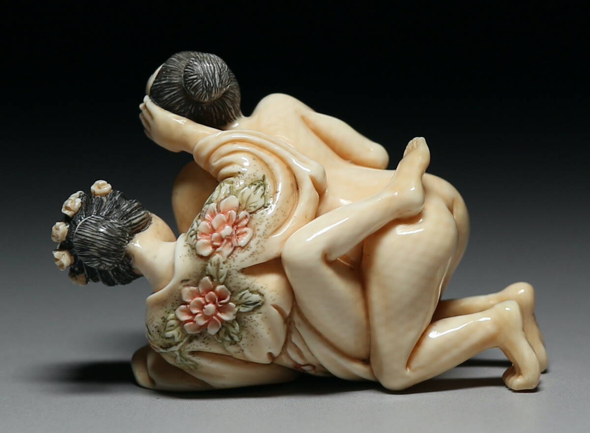 Mammoth Ivory Shunga Erotic Sculpture — Explicit Couple Scene, Japanese Micro-Carving Art