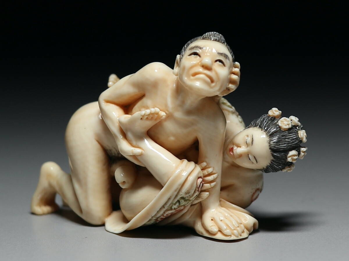 Mammoth Ivory Shunga Erotic Sculpture — Explicit Couple Scene, Japanese Micro-Carving Art
