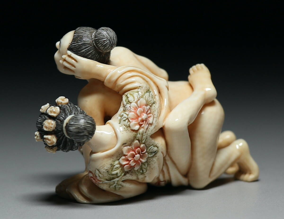 Mammoth Ivory Shunga Erotic Sculpture — Explicit Couple Scene, Japanese Micro-Carving Art