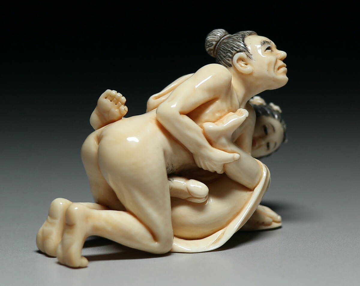 Mammoth Ivory Shunga Erotic Sculpture — Explicit Couple Scene, Japanese Micro-Carving Art