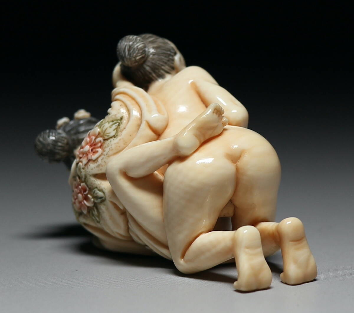 Mammoth Ivory Shunga Erotic Sculpture — Explicit Couple Scene, Japanese Micro-Carving Art