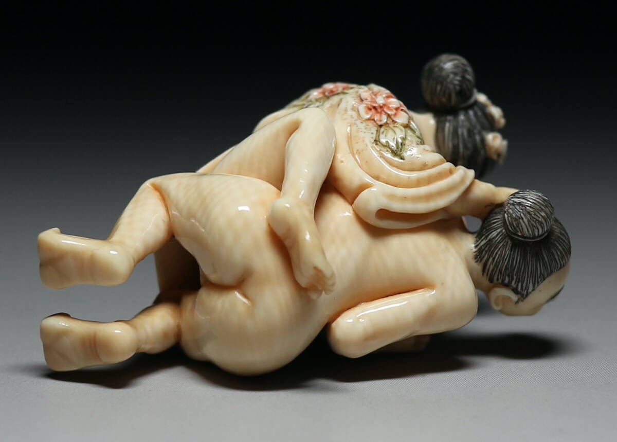 Mammoth Ivory Shunga Erotic Sculpture — Explicit Couple Scene, Japanese Micro-Carving Art