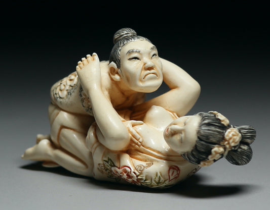 Mammoth Ivory Japanese Shunga Carving — Multi-Figure (Samurai Geisha) Erotic Scene, Collector Sculpture