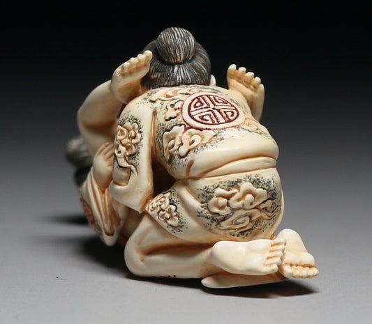Mammoth Ivory Japanese Shunga Carving — Multi-Figure (Samurai Geisha) Erotic Scene, Collector Sculpture