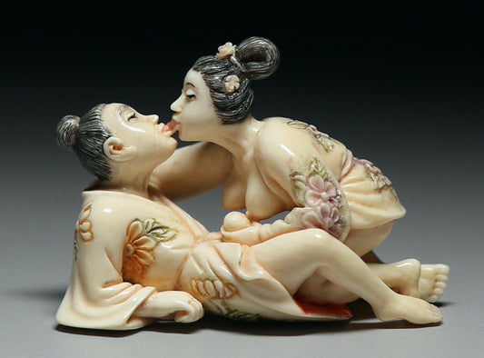 Japanese Shunga Mammoth Ivory Carving — Classical Lovers Scene, Erotic Miniature Sculpture