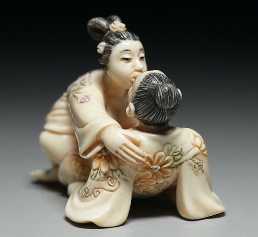 Japanese Shunga Mammoth Ivory Carving — Classical Lovers Scene, Erotic Miniature Sculpture