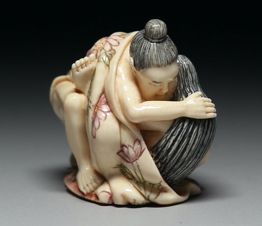 Mammoth Ivory Shunga Erotic Carving — Dynamic Couple Pose, Japanese Netsuke-Scale Art