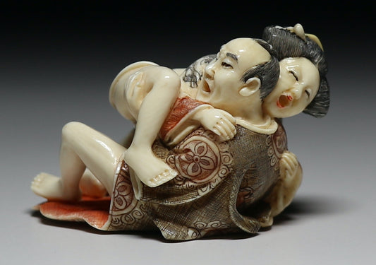 Japanese Mammoth Ivory Shunga Sculpture — Reclining Lovers, Erotic Micro-Art