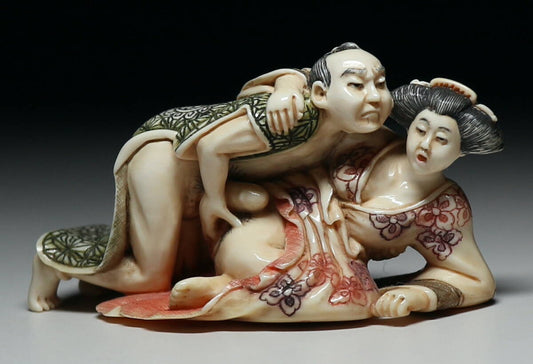 Japanese Shunga Erotic Sculpture in Mammoth Ivory — Intertwined Figures Composition