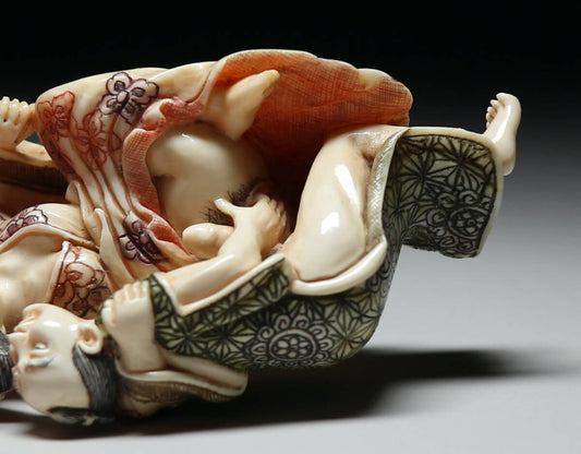 Japanese Shunga Erotic Sculpture in Mammoth Ivory — Intertwined Figures Composition
