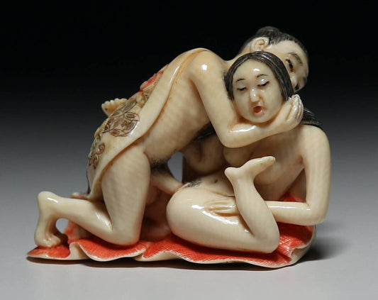 Mammoth Ivory Shunga Erotic Figurine Japanese Hand Carved Layered Bodies Sculpture