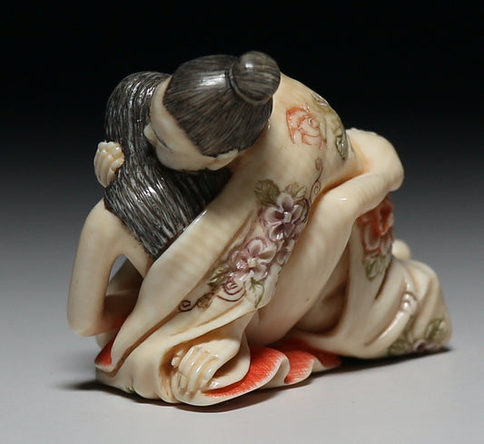 Mammoth Ivory Shunga Erotic Figurine Japanese Hand Carved Layered Bodies Sculpture