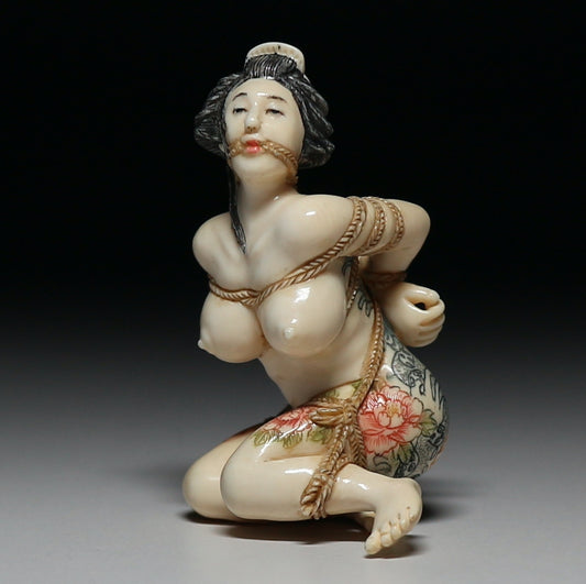 Japanese Shunga Erotic Sculpture in Mammoth Ivory — Rope-Bound Rope Bondage Shibari Art Female Figure, Hand-Carved Art Object