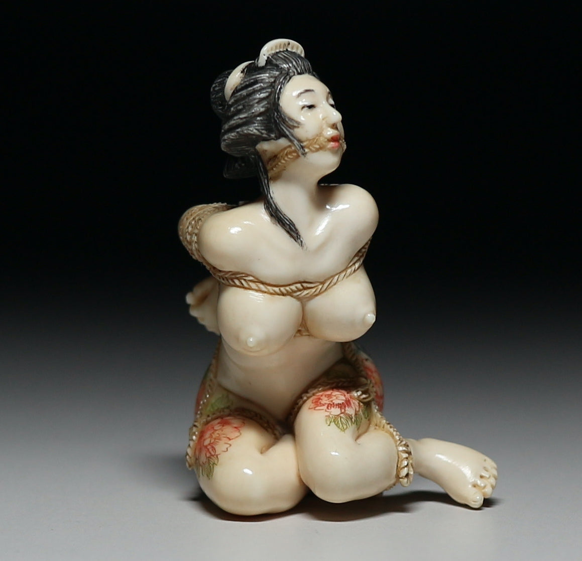 Japanese Shunga Erotic Sculpture in Mammoth Ivory — Rope-Bound Rope Bondage Shibari Art Female Figure, Hand-Carved Art Object