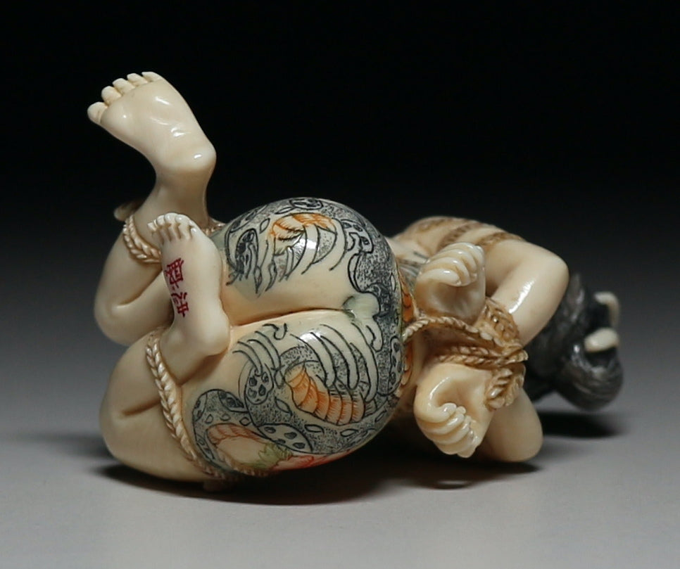 Japanese Shunga Erotic Sculpture in Mammoth Ivory — Rope-Bound Rope Bondage Shibari Art Female Figure, Hand-Carved Art Object