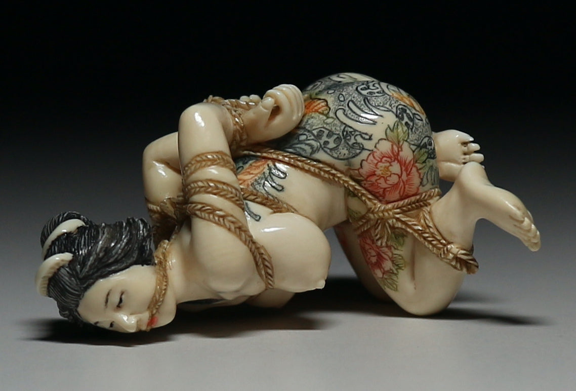 Japanese Shunga Erotic Sculpture in Mammoth Ivory — Rope-Bound Rope Bondage Shibari Art Female Figure, Hand-Carved Art Object