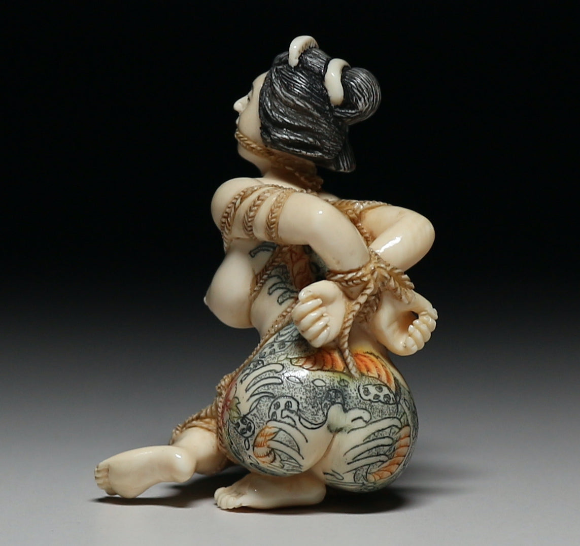 Japanese Shunga Erotic Sculpture in Mammoth Ivory — Rope-Bound Rope Bondage Shibari Art Female Figure, Hand-Carved Art Object