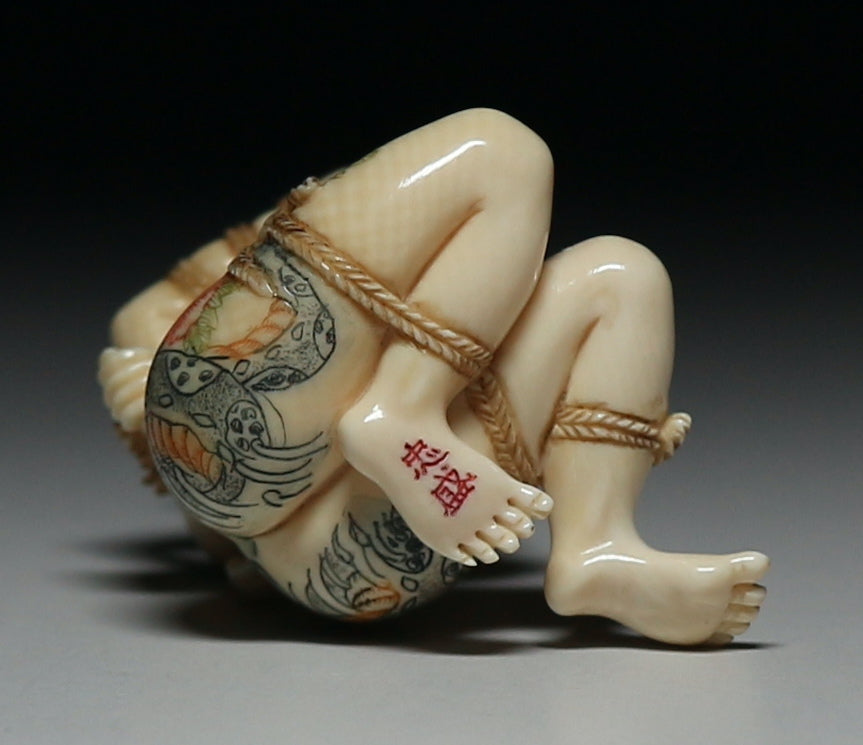 Japanese Shunga Erotic Sculpture in Mammoth Ivory — Rope-Bound Rope Bondage Shibari Art Female Figure, Hand-Carved Art Object