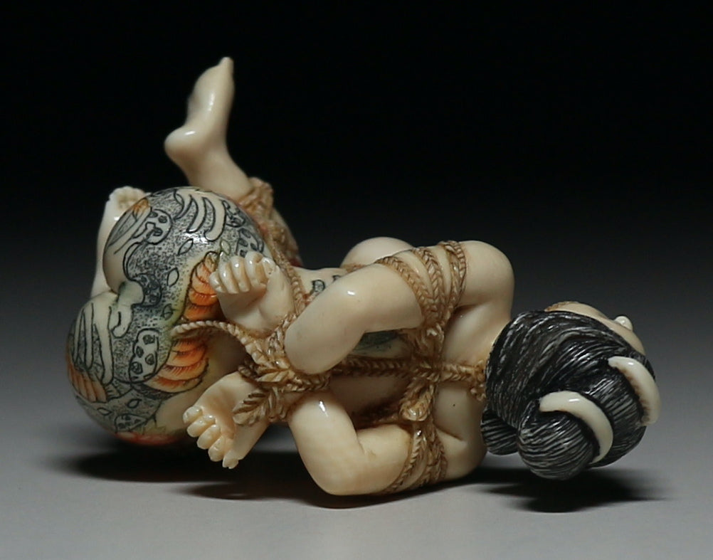 Japanese Shunga Erotic Sculpture in Mammoth Ivory — Rope-Bound Rope Bondage Shibari Art Female Figure, Hand-Carved Art Object
